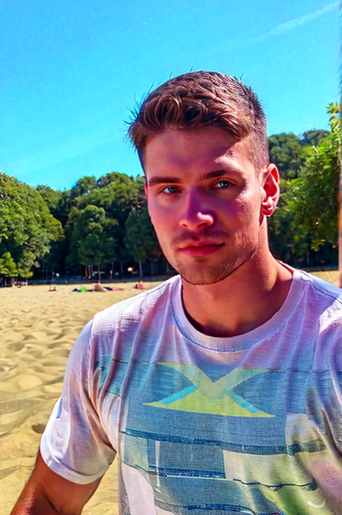 handsome guy, realistic, (natural lighting:studio lighting:0.5), sophisticated elegant mood, stained, highly detailed, found footage, masculine broad shoulders, facial hair, chill, feel good, (best quality:1.5), wear white t shirt, face focus, outdoors, blue sky, beach,  upper body, (blue eyes), MalikDelgaty, caucasian, bright skin, (masterpiece,best quality:1.5)