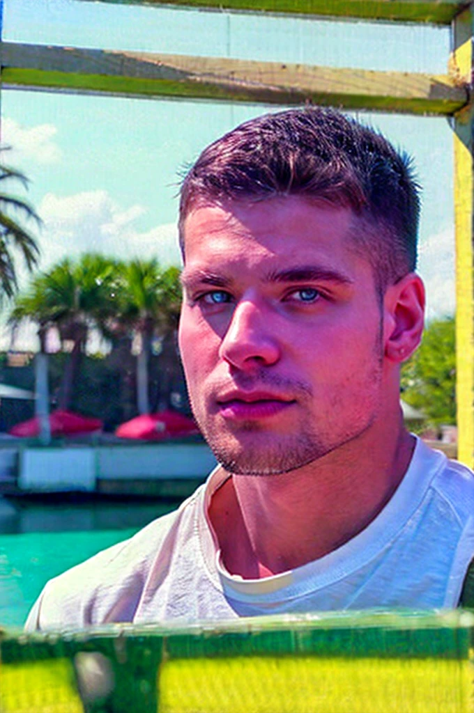handsome guy, realistic, (natural lighting:studio lighting:0.5), sophisticated elegant mood, stained, highly detailed, found footage, masculine broad shoulders, facial hair, chill, feel good, (best quality:1.5), wear white t shirt, face focus, outdoors, blue sky, beach,  upper body, (blue eyes), MalikDelgaty, caucasian, bright skin, (masterpiece,best quality:1.5)