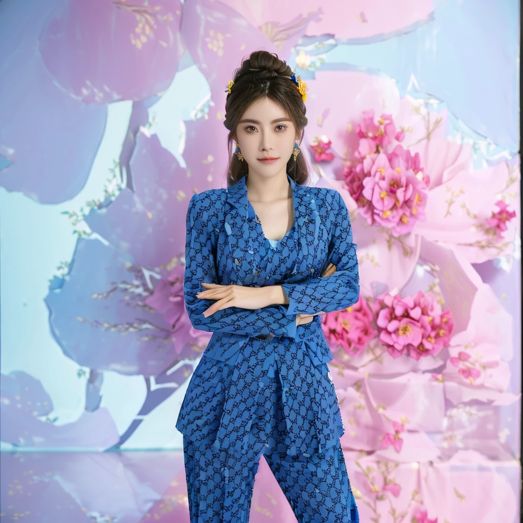 there is a woman standing in front of a flower wall, in style of lam manh, ao dai, girl in suit, dang my linh, wearing fashion suit, jia, duy beni serial, with a blue background, full body xianxia, girl in a suit, in a blue qipao, wearing a blue qipao dress, woman model