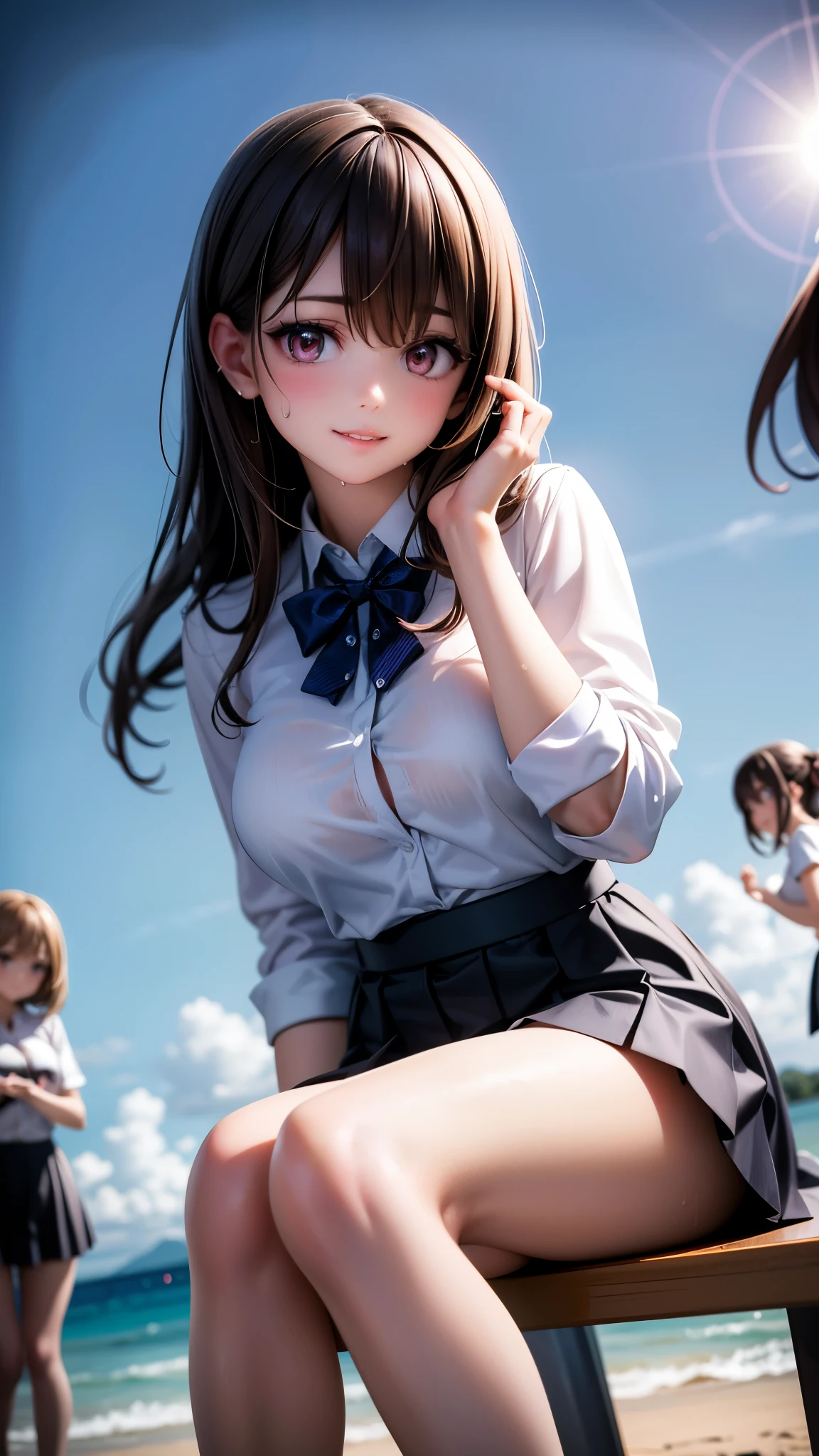 (beautiful 3girls:1.4), with long brown hair and brown eyes, looking at the viewer with a gentle smile, her bangs framing her face, wearing a white collared shirt and a pleated blue skirt, sitting on a beach as the sun sets in the background, her friends with black and brown hair sitting beside her, all wearing similar outfits with striped socks and pleated skirts, their hands raised in a friendly gesture, flying sweat drops adding to the lively, energetic atmosphere, (3girls:1.4), (best quality,8k,highres,masterpiece:1.2),ultra-detailed,(realistic,photorealistic,photo-realistic:1.37),studio lighting,vivid colors,physically-based rendering,professional,extremely detailed eyes and face,longeyelashes,beautiful detailed eyes,beautiful detailed lips