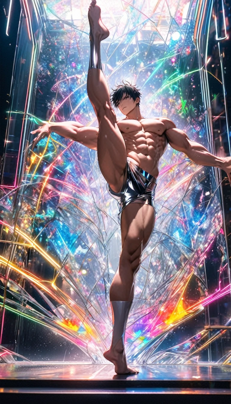 (Highest quality:1.2),One man,alone,Are standing_Split,whole body, Photo of a Japanese man in his 20s made of shiny white and silver translucent glass and plastic,Muscular and shirtless, Silver metal interior, Dynamic pose, Flow organic structure, A sparkling golden circuit, colorful Neon decoration, Light emitting circuit, Neon decoration, Depth of Field Focus F/2.8, H&#39;art.right. liver, Greg rightutowski