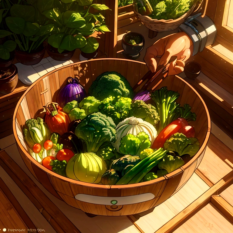 { Japanese bamboo basket, Fresh greens, Organic vegetables, Natural light, Warm shades }, ( Glowing vegetables, Digital interface, Futuristic Technology, Human touching hand, Mindfulness, Sustainable lifestyle ), [ Photorealistic, Art Station Quality, High resolution, Detailed texture, 8K, Concept Art, Instagram Post ]