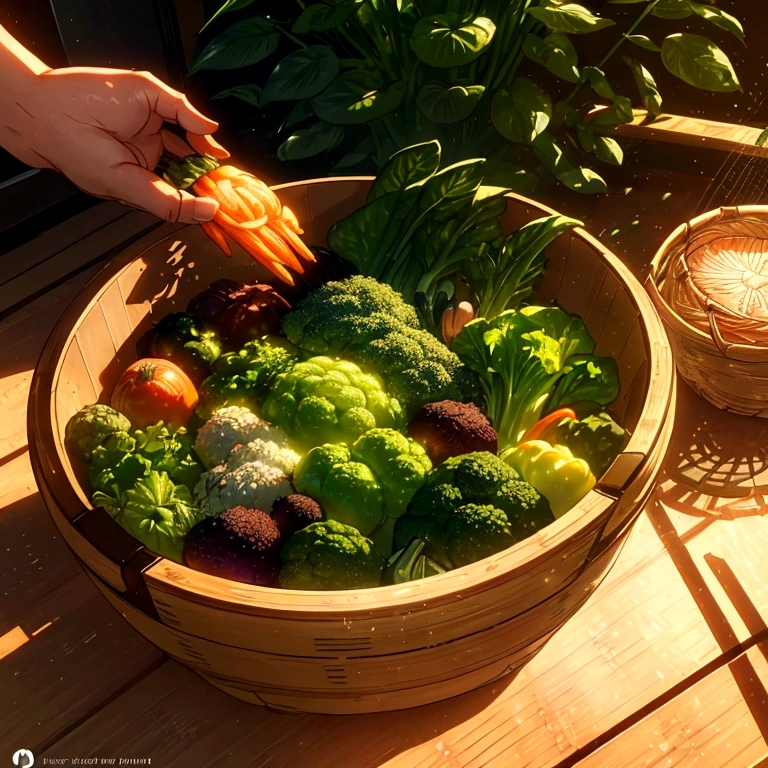 { Japanese bamboo basket, Fresh greens, Organic vegetables, Natural light, Warm shades }, ( Glowing vegetables, Digital interface, Futuristic Technology, Human touching hand, Mindfulness, Sustainable lifestyle ), [ Photorealistic, Art Station Quality, High resolution, Detailed texture, 8K, Concept Art, Instagram Post ]