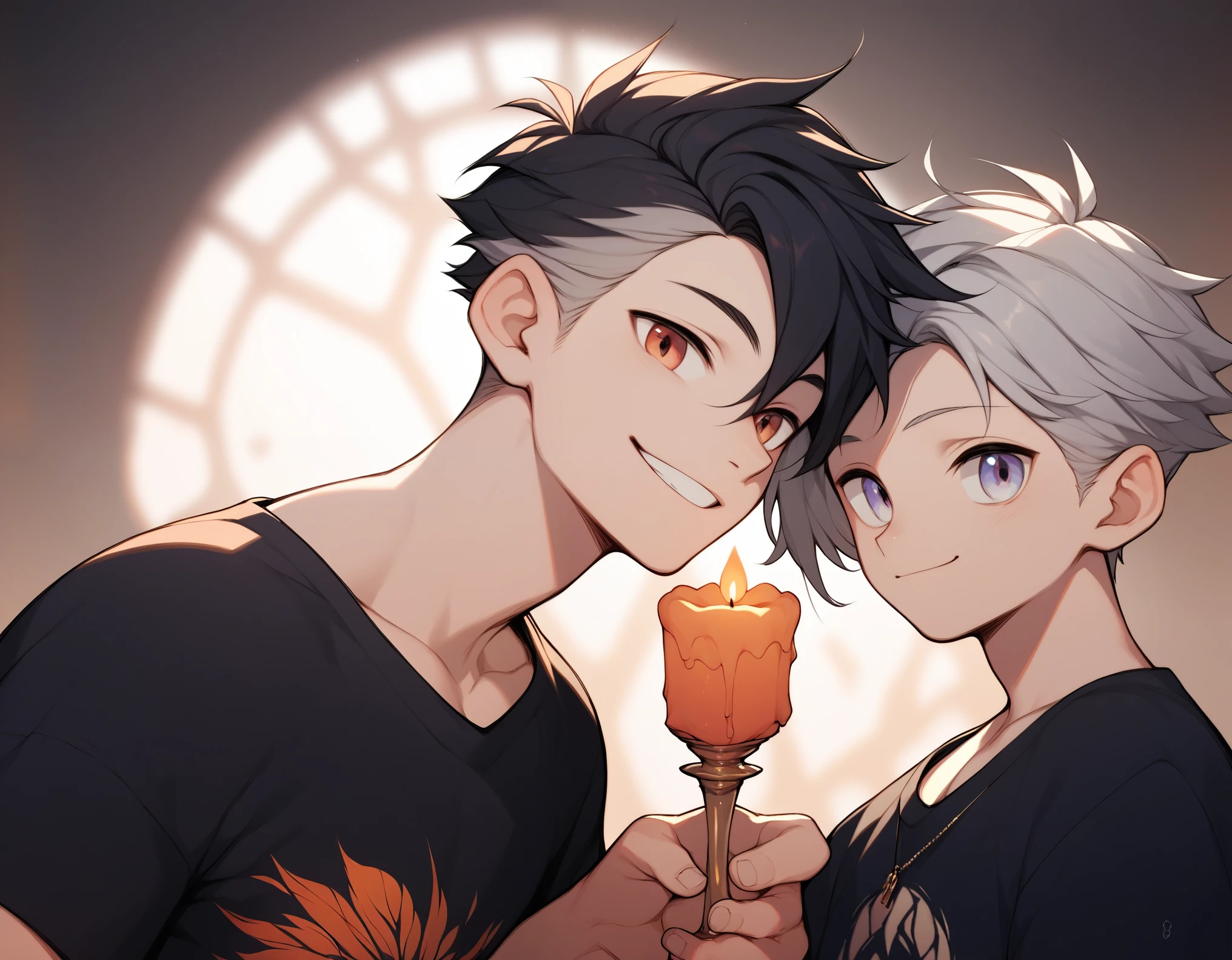 score_9, score_8_up, score_7_up, score_6_up, score_5_up, score_4_up,holding Candlestick,one Candlelight in a dark room,2boy,male only,eye contact,A gentle gaze,Silver Hair and Black Hair,t-shirt,happy smile,full Hand