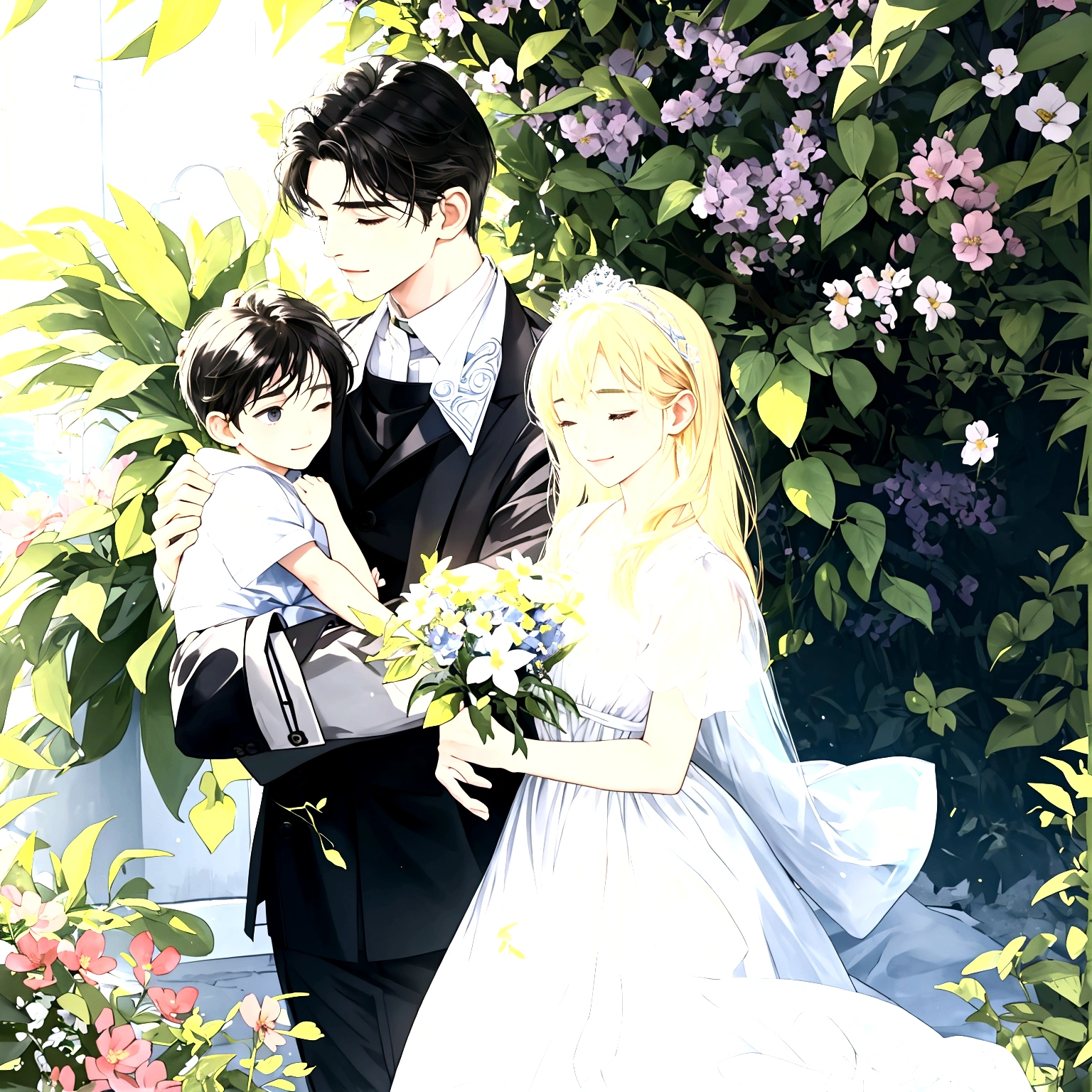 "Under the clear blue summer sky, in the garden of a modern house in Pula, Croatia, a young father is warmly and tightly holding up his young twin children, a boy and a girl. The father, once Constantine I, displays an expression of love and forgiveness, showing no signs of fatigue from work. The twins, once Crispus and Fausta, have innocent and radiant smiles, enveloped in a sense of security in their father's arms. In the background, the sparkling sea and the stylish modern house bathed in summer sunlight extend. Light and shadow intertwine perfectly, with the whole scene exuding a glow symbolizing purification and relationship restoration. "Also friendly and pleasant relationship、divine atmosphere、A paradise of greenery and flowers、heaven、Blessings and Blessings、Beautiful fece、brilliance、ultra-quality、Ultra-high resolution、ultra-definition、Super beautiful、masterpiece