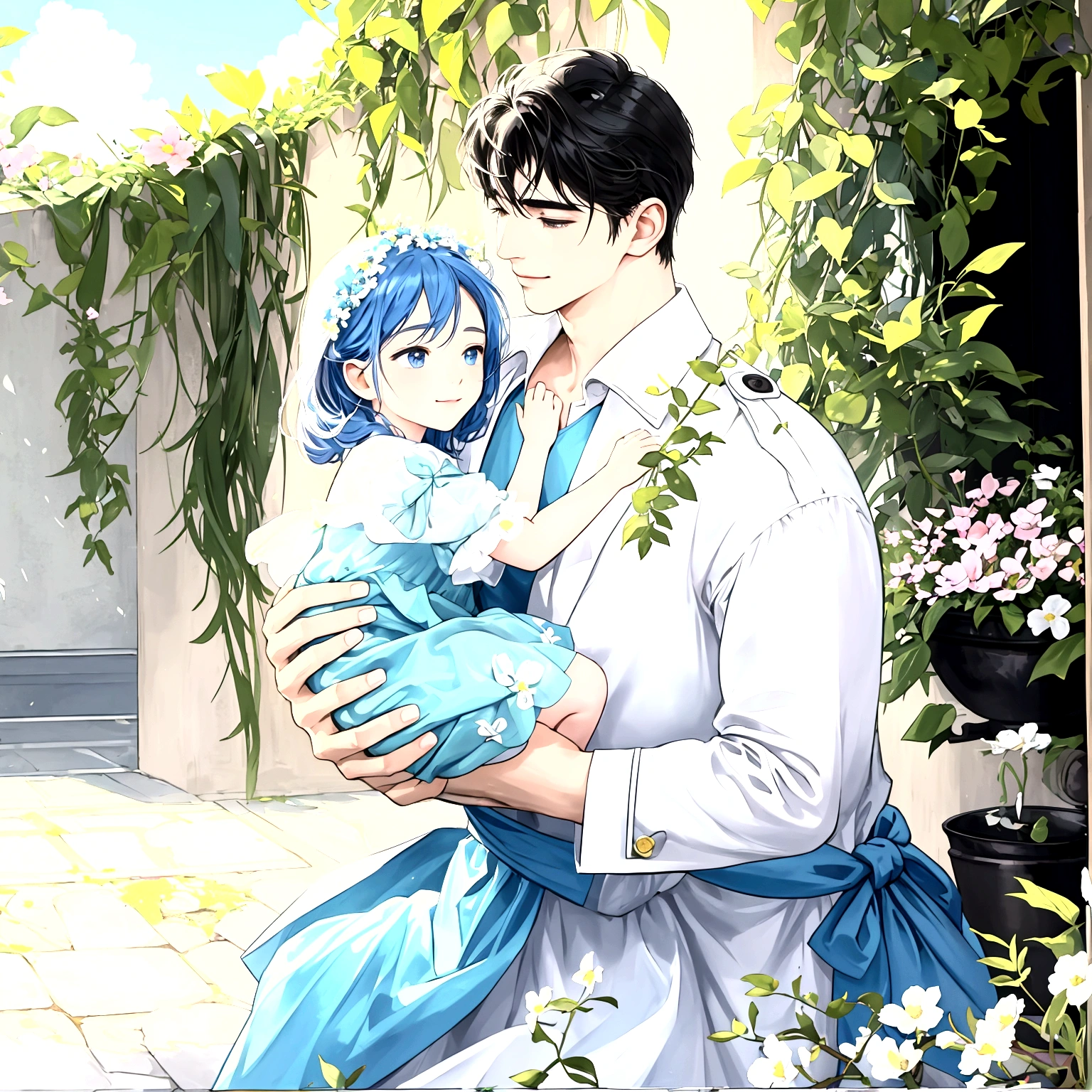 "Under the clear blue summer sky, in the garden of a modern house in Pula, Croatia, a young father is warmly and tightly holding up his young twin children, a boy and a girl. The father, once Constantine I, displays an expression of love and forgiveness, showing no signs of fatigue from work. The twins, once Crispus and Fausta, have innocent and radiant smiles, enveloped in a sense of security in their father's arms. In the background, the sparkling sea and the stylish modern house bathed in summer sunlight extend. Light and shadow intertwine perfectly, with the whole scene exuding a glow symbolizing purification and relationship restoration. "Also friendly and pleasant relationship、divine atmosphere、A paradise of greenery and flowers、heaven、Blessings and Blessings、Beautiful fece、brilliance、ultra-quality、Ultra-high resolution、ultra-definition、Super beautiful、masterpiece