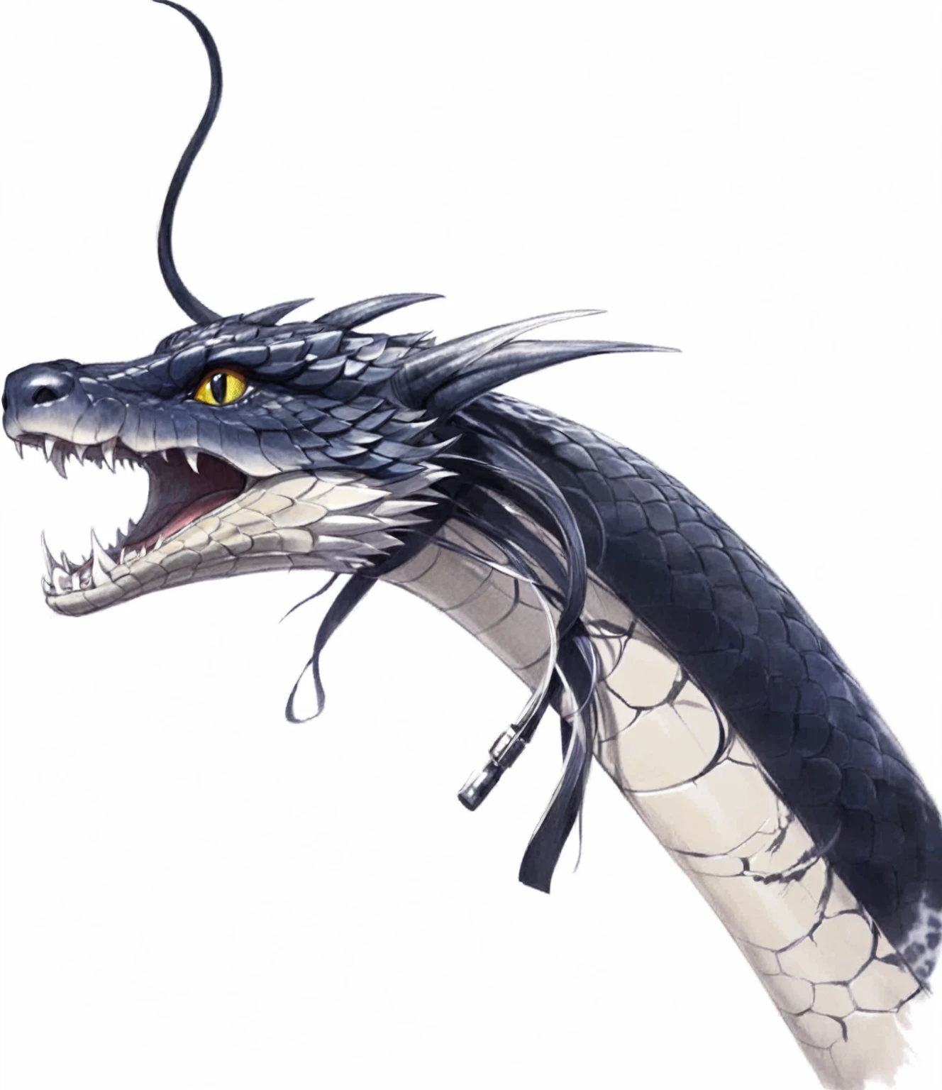A drawing of a snake with its mouth open, Jermon Gander, Scarred Dragon, Dragon Portrait, A dragon, Jomon Gander, Portrait of a dragon, Faucet, Anthropomorphic dragon, Dragon Tail, sleek Faucet, Numbers of Quetzalcoatl, Winged dragon snake
