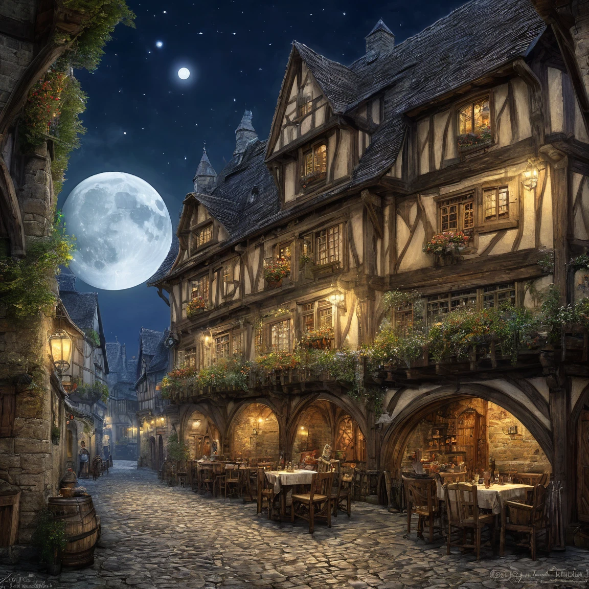 ((best quality)), ((masterpiece)), ((realistic,digital art)), (super detailed), (grand taverne dans une ville sous un clair de lune), (Medieval style)