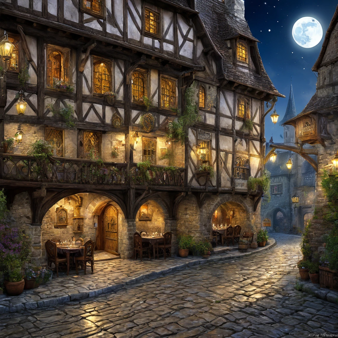((best quality)), ((masterpiece)), ((realistic,digital art)), (super detailed), (grand taverne dans une ville sous un clair de lune), (Medieval style)