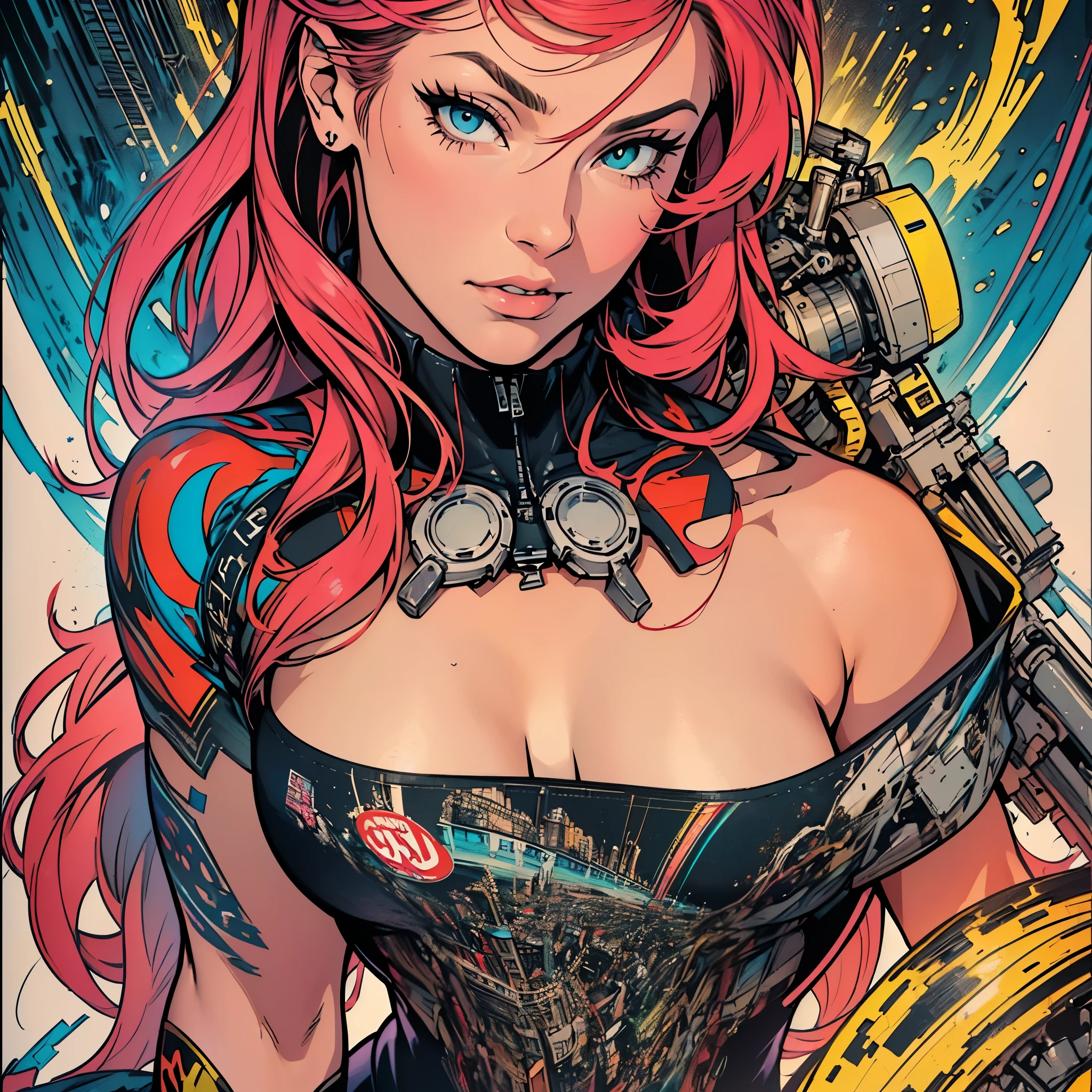 (((ultimate best quality))),(((solo:1.2))),(((1girl:1.2))),((((beautiful perfect woman)))),(((detailed perfect body, detailed perfect finger))),((((((ultimate movie poster)))))),(((bust up, close up))),((((detailed complicated machine)))),(((((genius mechanical))))),(((American comics))),(((extreme highlights))),(((Extremely colorful, primary colors))),cleavage, super beautiful lady,(((typography))),text