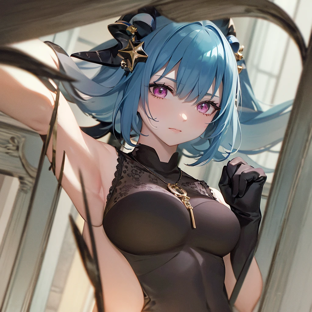 8k wallpaper,tmasterpiece,cinmatic lighting,top Quority,illustratio,Dramatic angles,((a color:1.1)),((Colored inner hair:1.4)),
1girll, solo, long blue hair, SakuraNS, Pink eyes, Cross necklace, parted lip, a white choker, liquid hair, Light blue hair, By bangs, By bangs, From the side Side, contours, The upper part of the body, blue hairs, simple backgound, blue back ground, exposed bare shoulders, sportrait, looking at viewert, white dresses, hairsbetweeneyes, colorfulhair, under ocean Background, ocean,jewely, majestic ocean creature, under water, under the ocean, wet hair, sea, seaweeds, kelp