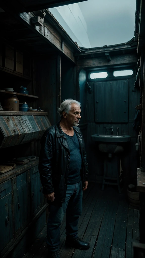 The old man took Kai to a hidden coven where he showed him a small, weathered boat. 4k realistic imagery, blue scenery like a movie scene, old american setting, inspired by blade runner movie scene, blue tone,
