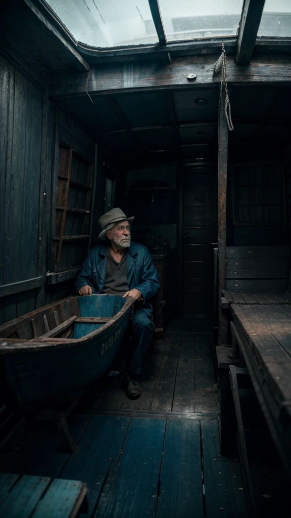 The old man took Kai to a hidden coven where he showed him a small, weathered boat. 4k realistic imagery, blue scenery like a movie scene, old american setting, inspired by blade runner movie scene, blue tone,