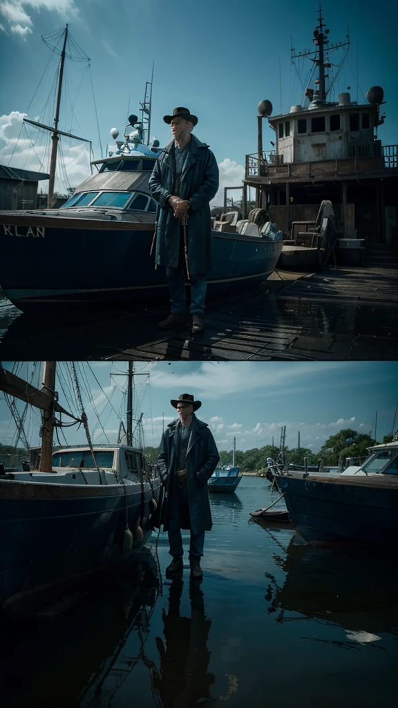 The old man took Kai to a hidden coven where he showed him a small, weathered boat. 4k realistic imagery, blue scenery like a movie scene, old american setting, inspired by blade runner movie scene, blue tone,