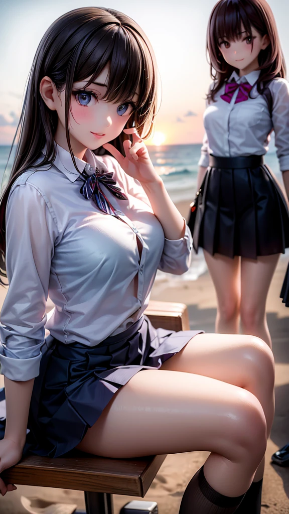 (beautiful 3girls:1.4), with long brown hair and brown eyes, looking at the viewer with a gentle smile, her bangs framing her face, wearing a white collared shirt and a pleated blue skirt, sitting on a beach as the sun sets in the background, her friends with black and brown hair sitting beside her, all wearing similar outfits with striped socks and pleated skirts, their hands raised in a friendly gesture, flying sweat drops adding to the lively, energetic atmosphere, (3girls:1.4), (best quality,8k,highres,masterpiece:1.2),ultra-detailed,(realistic,photorealistic,photo-realistic:1.37),studio lighting,vivid colors,physically-based rendering,professional,extremely detailed eyes and face,longeyelashes,beautiful detailed eyes,beautiful detailed lips