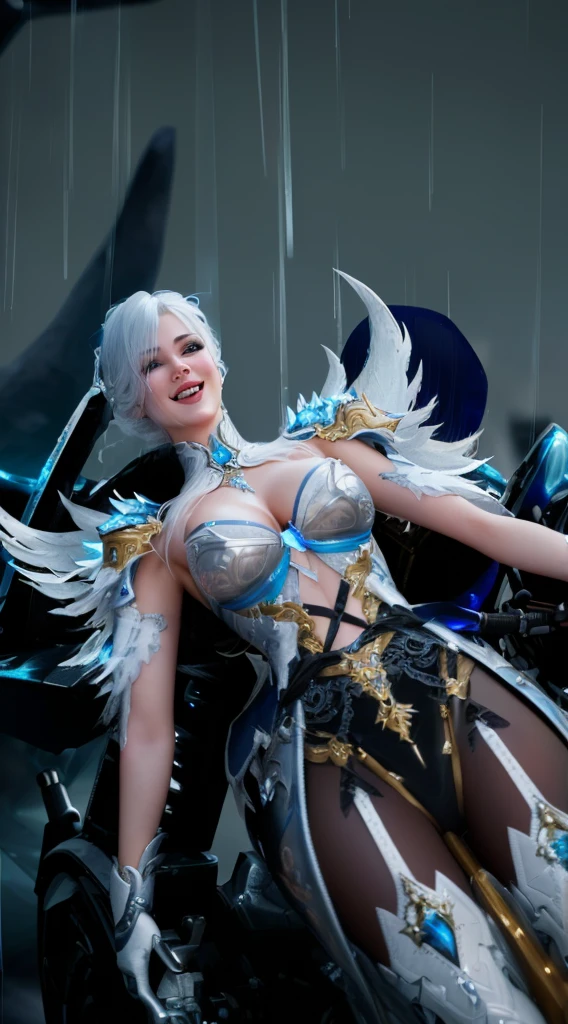 a woman riding a motorcycle in the rain while wearing a costume, surreal engine rendering, goddess, ice witch, 3d rendered character art, 8k, ice and storm queen, 4k detailed fantasy, elaborate cosplay, shiny white armor, as a mysterious valkyrie, 8k character details, from lineage 2, frozen blue skin, laughing