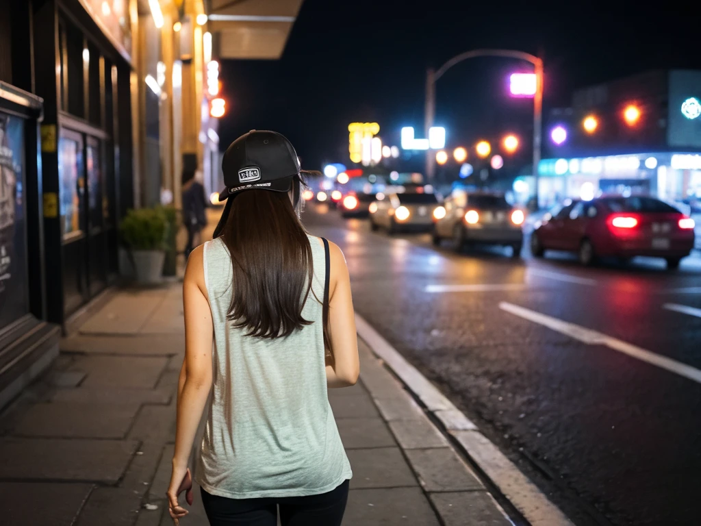 1 girl,night,With a baseball cap,Walking alone on the street,Back,It's drizzling