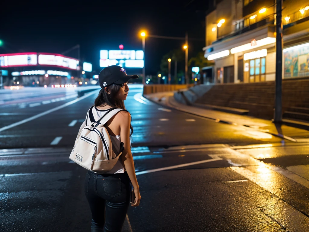 1 girl,night,With a baseball cap,Walking alone on the street,Back,It's drizzling