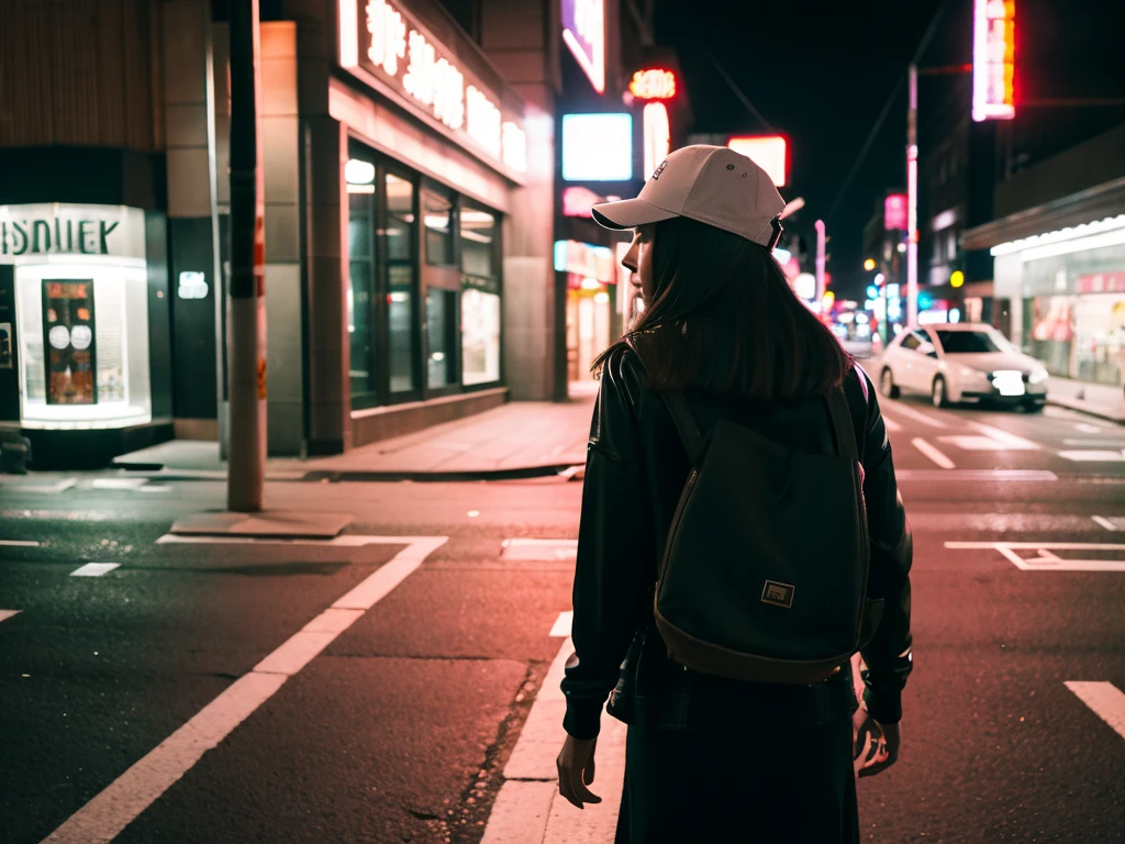 1 girl，night，With a baseball cap，Walking alone on the street，Back，It&#39;s drizzling