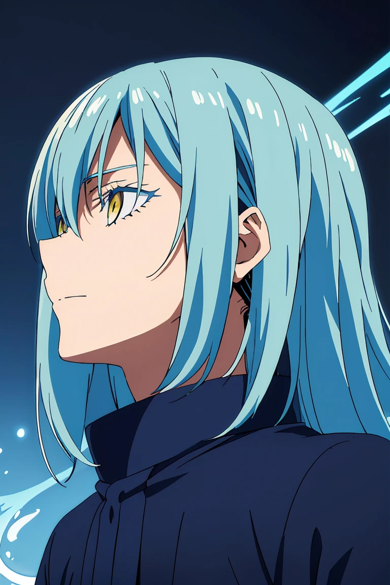 anime boy with interesting hair and a dress standing in front of a dark background, artwork in the style of Guweiz, profile of anime boy, portrait anime boy, beautiful anime portrait, Rimuru Tempest, blue hair, yellow eyes, male characteristics, detailed, high quality, high resolution, masterpiece, best quality