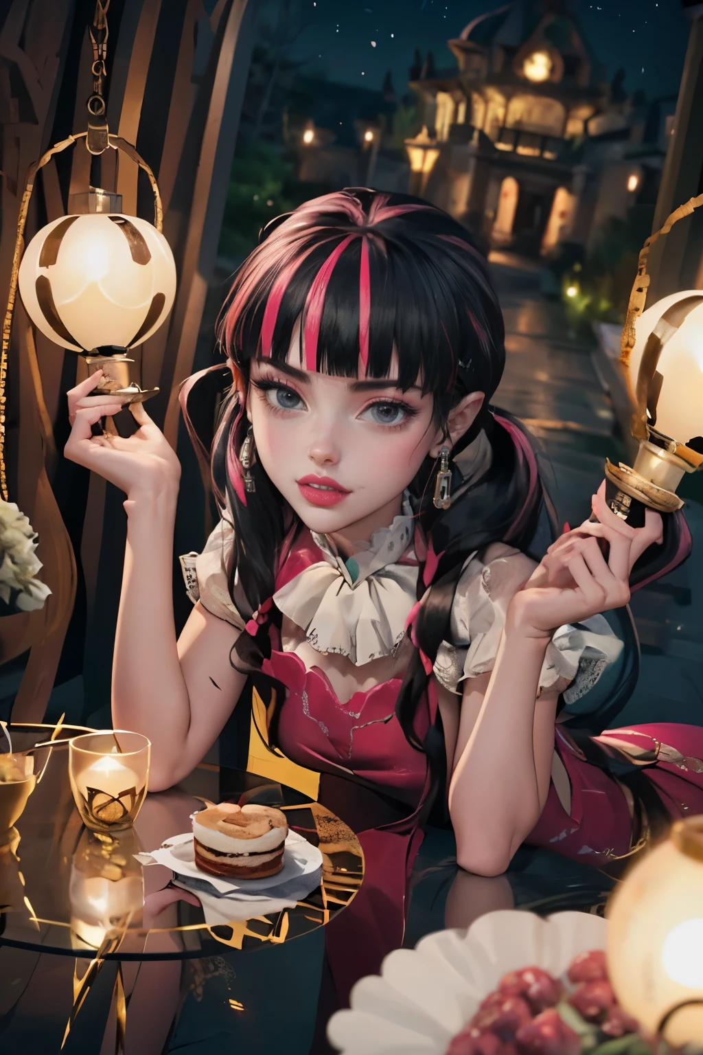 1 girl, a girl with bat wings, holding a taller, succubus, bakery, a cake on focus, cake with strawberrys and red roses, bat choker, necklace, centered, bat jewelry, medieval castle scenery, Pink bat Jewelry, smile, vampire fangs, (looking at viewer), Draculaura_MH, wavy hair, solo, white roses, ornament hair, pink roses on her hair, bat ears on the top of the head, a vampire girl, holding a red rose, perfectly body, perfectly hands, pink hair, flowing hair, short hair, laying down on a grass, chinese garden style, oriental garden, a lake with white carpas on the background, gold lantern, pink dress, chinese pink dress, a dress with layers, short skirt, more details on her clothes, golden details, night, smiling, pink dress, garden scene, cowboy shot, luxury, gold details on her clothes, 1girl, dress, jewelry, maid clothes, maid, maid dress, maid apron, maid headdress, white apron, solo, pink dress, gold lantern, Chinese style, Chinese lanterns, Chinese maid dress, red gloves, white socks, white laces, red shoes, gold details on her clothes, cat ears, animal ears, garden, flowers, temple, lantern rite, more details, best quality