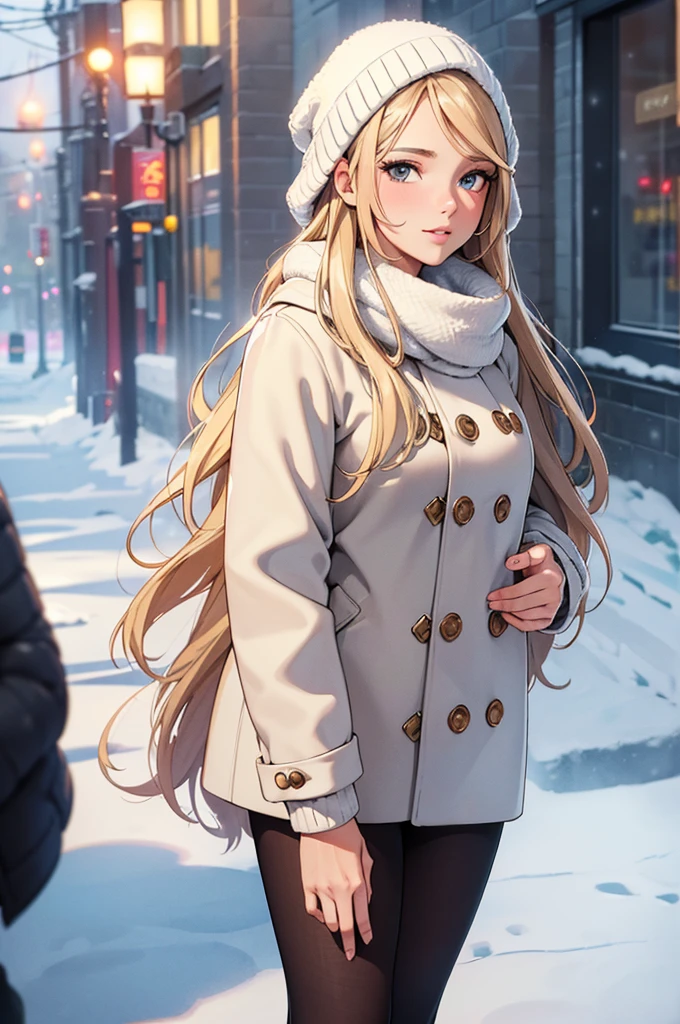 professional portrait photograph of a gorgeous Norwegian girl in winter clothing with long wavy blonde hair, sultry flirty look, gorgeous symmetrical face, cute natural makeup, wearing elegant warm winter fashion clothing, ((standing outside in snowy city street)), stunning modern urban environment, ultra realistic, concept art, elegant, highly detailed, intricate, sharp focus, depth of field, f/1. 8, 85mm, medium shot, mid shot, (((professionally color graded))), bright soft diffused light, (volumetric fog), trending on instagram, hdr 4k, 8k