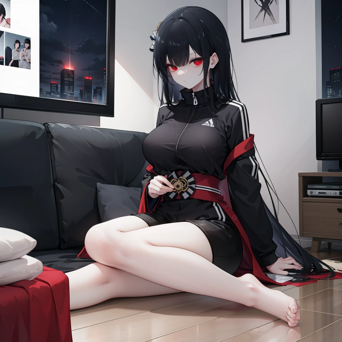 1 tall woman, big breasts, with red eyes, long black hair, a tracksuit, short pants, and slippers, inside a dark apartment, sitting on a couch, night time, deem, carpet, table, tiny window, looking at the TV, wooden floor, white dirty walls, food on the table, night time, Japanese house set-up, suspenseful atmosphere. dark setting, dark apartment, dark lighting, suspense atmosphere, night sky, complete darkness, detailed eyes, close-up picture