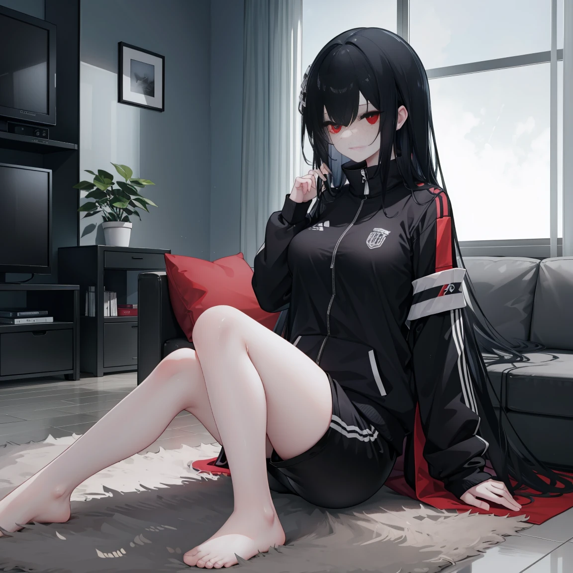 1 tall woman, big breasts, with red eyes, long black hair, a tracksuit, short pants, and slippers, inside a dark apartment, sitting on a couch, night time, deem, carpet, table, tiny window, looking at the TV, wooden floor, white dirty walls, food on the table, night time, Japanese house set-up, suspenseful atmosphere. dark setting, dark apartment, dark lighting, suspense atmosphere, night sky, complete darkness, detailed eyes, close-up picture