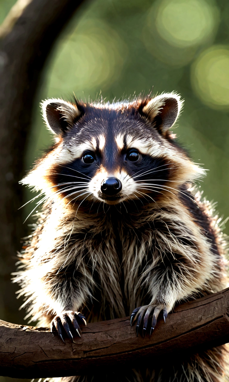 A raccoon with long hair on its head,Mysterious Creatures, shrike, (best quality,4K,8K,High level,masterpiece:1.2),Ultra Detailed,(lifelike,Photo real,Photo real:1.37),Highly detailed animals,Complex patterns,Realistic lighting,Fantasy Creatures