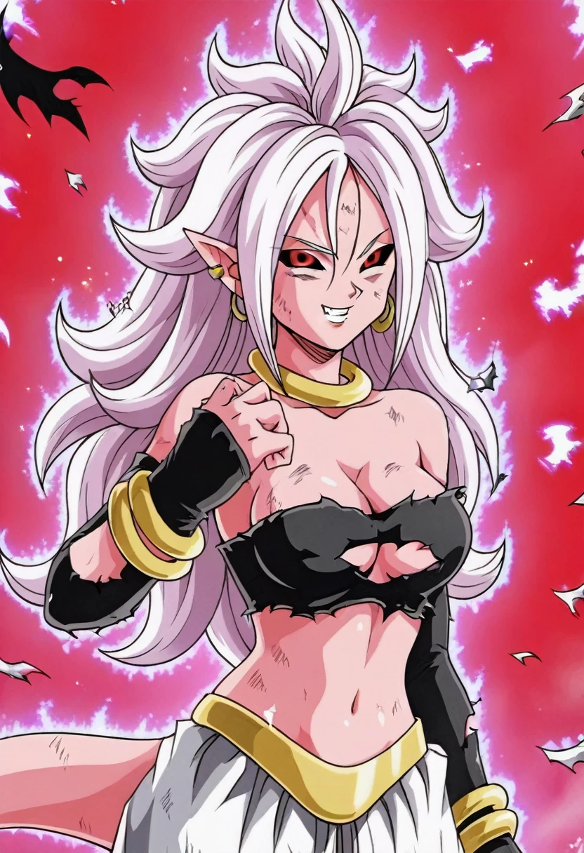 source_anime, score_9, score_8_up, score_7_up, anime screencap, 1girl, evil smile, exploding clothes, majin, ki ball, solo, long hair, breasts, earclip, , majin tail,, white hair, earrings, detached sleeves, pointy ears, bracelet, torn clothes, majin eyes, tube top, aura, torn majin pants, pink skin, majin pants, android 21, teeth, navel, breasts, upper body,
