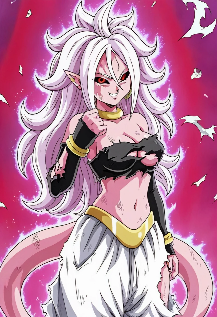 source_anime, score_9, score_8_up, score_7_up, anime screencap, 1girl, evil smile, exploding clothes, majin, ki ball, solo, long hair, breasts, earclip, , majin tail,, white hair, earrings, detached sleeves, pointy ears,  bracelet, torn clothes, majin eyes, tube top, aura, torn majin pants, pink skin, majin pants, android 21, teeth, navel, breasts, upper body,
