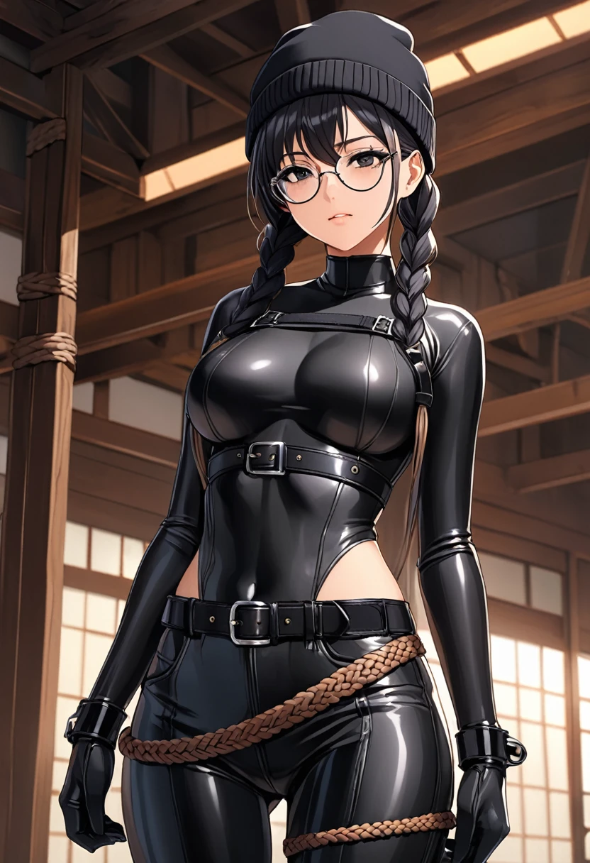 masterpiece, high quality cg, anime, illustration, best quality, 1girl, bound, bondage, beautiful face, detailed face, cowboy shot, dokkaebi, 1girl, solo, looking at viewer, black hair, braid, glasses, black gloves, belt, pants, black eyes, twin braids, streaked hair, black headwear, bodysuit, black pants, round eyewear, black bodysuit, beanie, hair behind ear,