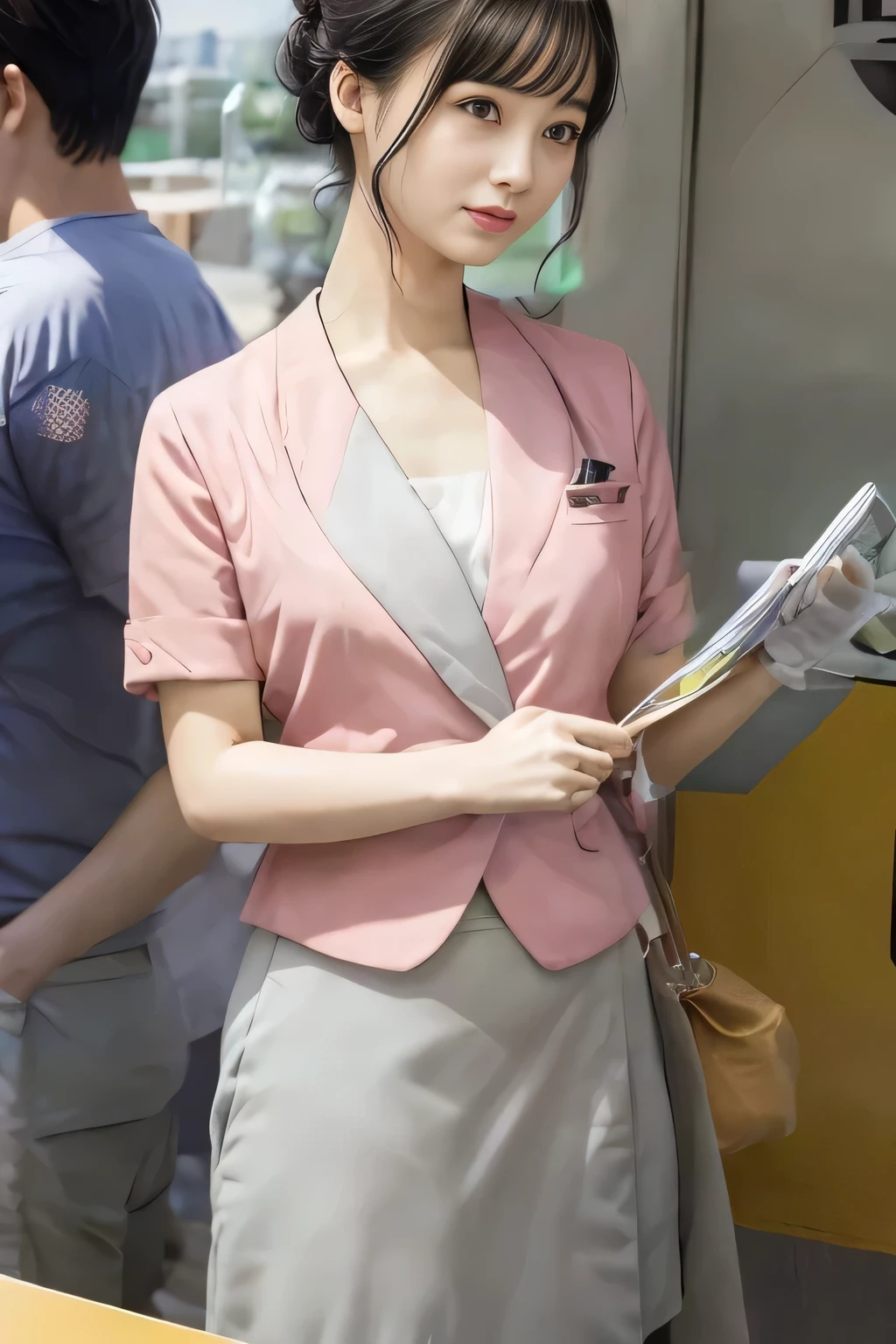 (masterpiece:1.2, Highest quality:1.2), 32k HDR, High resolution, (alone、1 girl)、（On the rooftop of a building in the daytime、Professional Lighting）、Building rooftop background、（Nankai train crew uniform pinkを着たリアルスタイル）、（Nankai train crew uniform pink short sleeve collarless pink jacket、Nankai Train Crew Uniform Pink Collarless Short Sleeve Blouse、Nankai Train Crew Uniform Pink Grey Knee-length Culottes）、（（The bottom of the pink short-sleeved jacket cannot be tucked into the clay-colored culottes.））、Dark brown hair、（Hair tied up、Hair Bun、Hair Bun）、Dark brown hair、Long Shot、Big Breasts、Thin legs、（（Great hands：2.0）），（（Harmonious body proportions：1.5）），（（Normal limbs：2.0）），（（Normal finger：2.0）），（（Delicate eyes：2.0）），（（Normal eyes：2.0））)、（Nankai Train Crew Uniform Pink Grey Knee-length Culottesを見せた美しい立ち姿）、smile