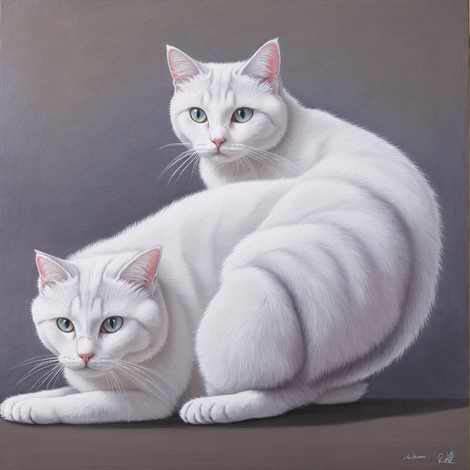 A 2D image of a grey white cat in a painting