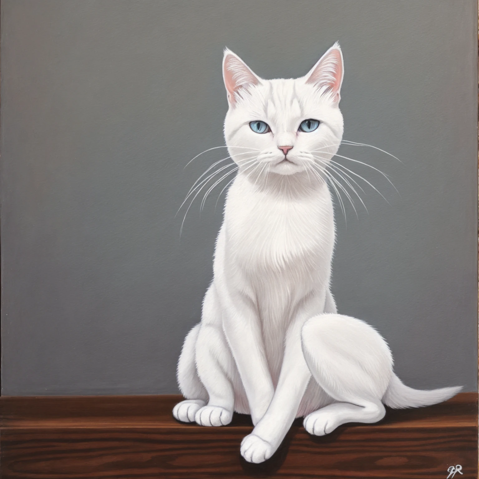 A 2D image of a grey white cat in a painting