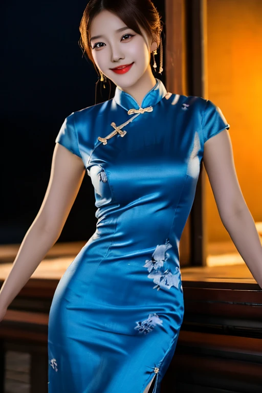 a gorgeous Chinese lady, 18 years old, wearing a traditional Qipao, sky-blue silk fabric, natural pose under night sky, slender graceful figure, ample round bosom, fair skin, beautiful detailed face, detailed eyes, alluring smile, aegyo dimples, kawaii snaggle-tooth, (best quality,8K,highres,masterpiece:1.2),ultra-detailed,(realistic,photorealistic,photo-realistic:1.37),HDR,UHD,vivid colors,moon light,extremely detailed,professional,high camera angle,head to thigh,bokeh background, dreamy and romantic atmosphere