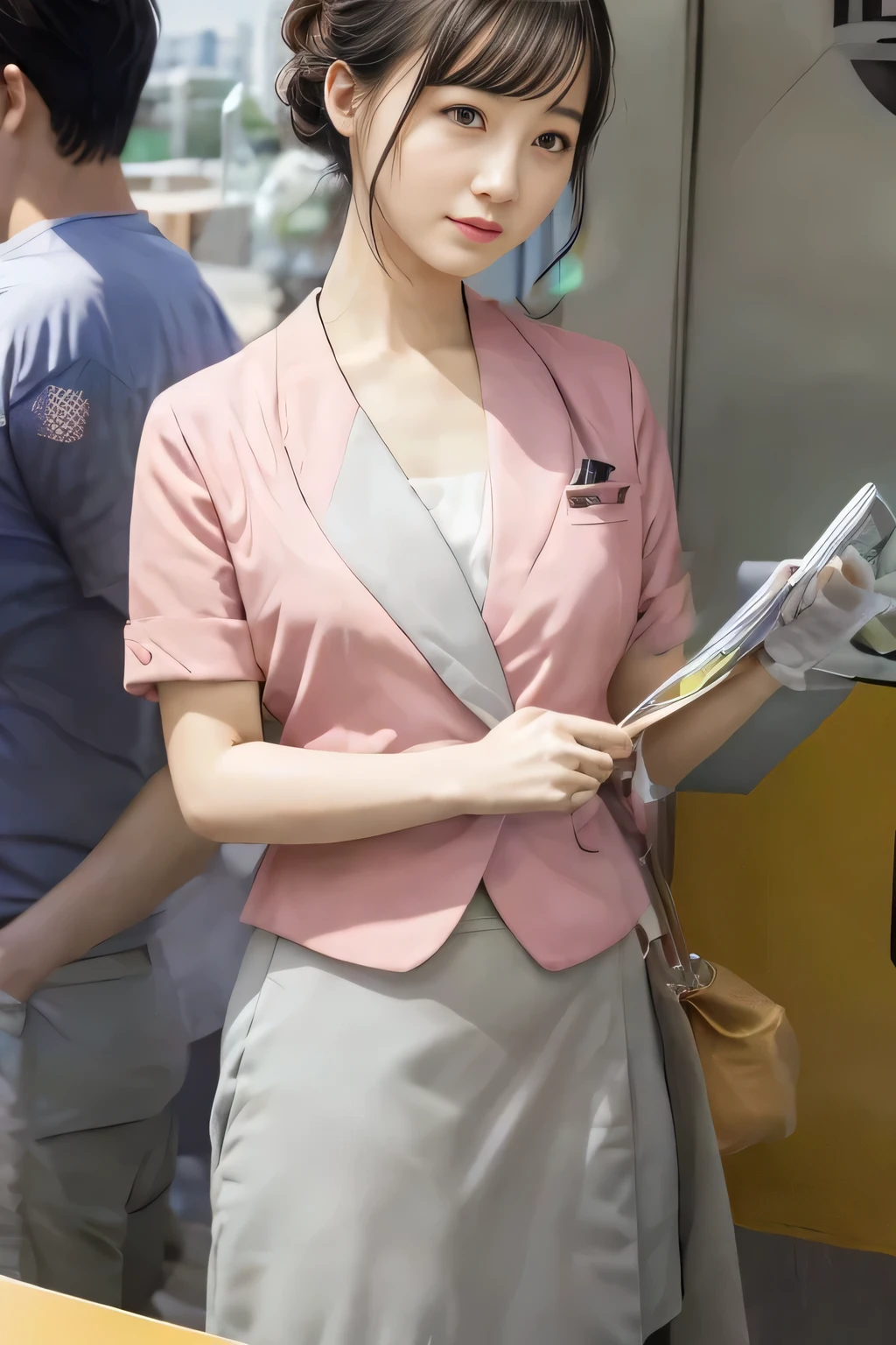 (masterpiece:1.2, Highest quality:1.2), 32k HDR, High resolution, (alone、1 girl)、(On the rooftop of a building in the daytime、Professional Lighting)、Building rooftop background、(Nankai train crew uniform pinkを着たリアルスタイル)、(Nankai train crew uniform pink short sleeve collarless pink jacket、Nankai Train Crew Uniform Pink Collarless Short Sleeve Blouse、Nankai Train Crew Uniform Pink Grey Knee-length Culottes)、((The bottom of the pink short-sleeved jacket cannot be tucked into the clay-colored culottes.))、Dark brown hair、(Hair tied up、Hair Bun、Hair Bun)、Dark brown hair、Long Shot、Big Breasts、Thin legs、((Great hands:2.0)),((Harmonious body proportions:1.5)),((Normal limbs:2.0)),((Normal finger:2.0)),((Delicate eyes:2.0)),((Normal eyes:2.0)))、(Nankai Train Crew Uniform Pink Grey Knee-length Culottesを見せた美しい立ち姿)、smile