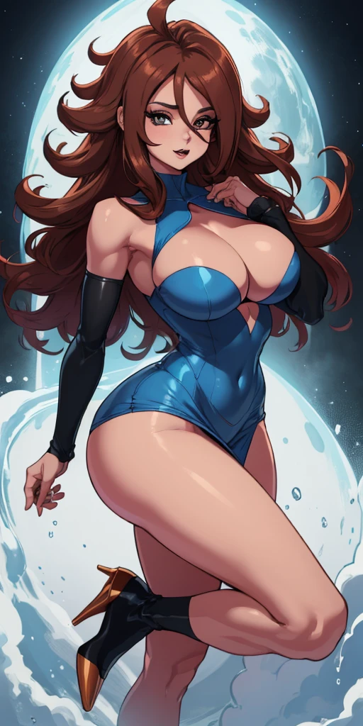 (best quality:1.3), android 21, ), pernas abertas, corpo sem roupas, corpo nu, peitos expostos, vargina exposto aberta, bunda exposta, face detailed, face in 8k, perfects eyes, perfect mouth, emphasis on the face, busty, She is on the side, showing the side to the viewer, body is on its side, red and blue dress, Tight dress, very short dress, cleaveage, (brown hair), seductiv, rosto sexly,  sexly, body curvy, big-ass, (nudez), strong legs 