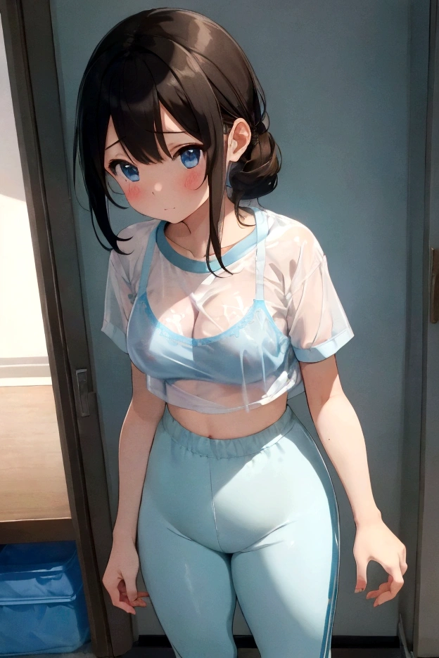 A boy hugs me from behind、Big Breasts、Cute light blue bra、Plain white, RaindropsTshirt、Bra see-through、Cute light blue string pants、A tall boy in gym clothes is hugging and kissing a girl、classroom、Watermelon head girl