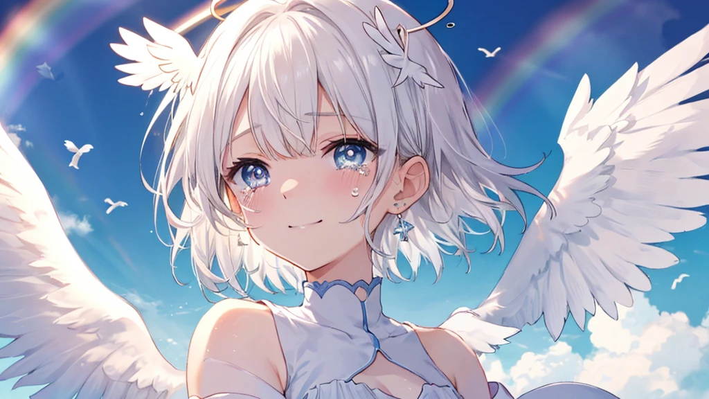 (((Extreme close-up tears smile Low - Angle Dove of peace Angel Halo))) ((輝くtears Rainbow Eyes Short Hair Receiving the light Rainbow light)) (Shining Edge)