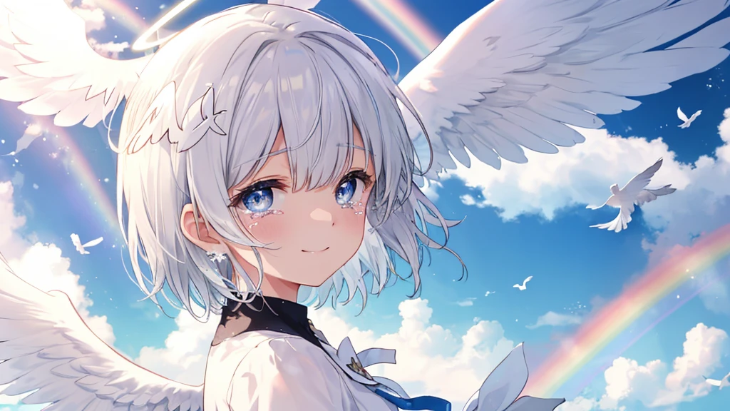 (((Extreme close-up tears smile Low - Angle Dove of peace Angel Halo))) ((輝くtears Rainbow Eyes Short Hair Receiving the light Rainbow light)) (Shining Edge)