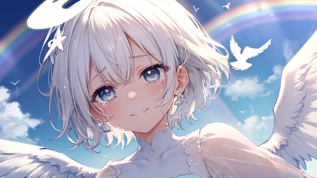 (((Extreme close-up tears smile Low - Angle Dove of peace Angel Halo))) ((輝くtears Rainbow Eyes Short Hair Receiving the light Rainbow light)) (Shining Edge)