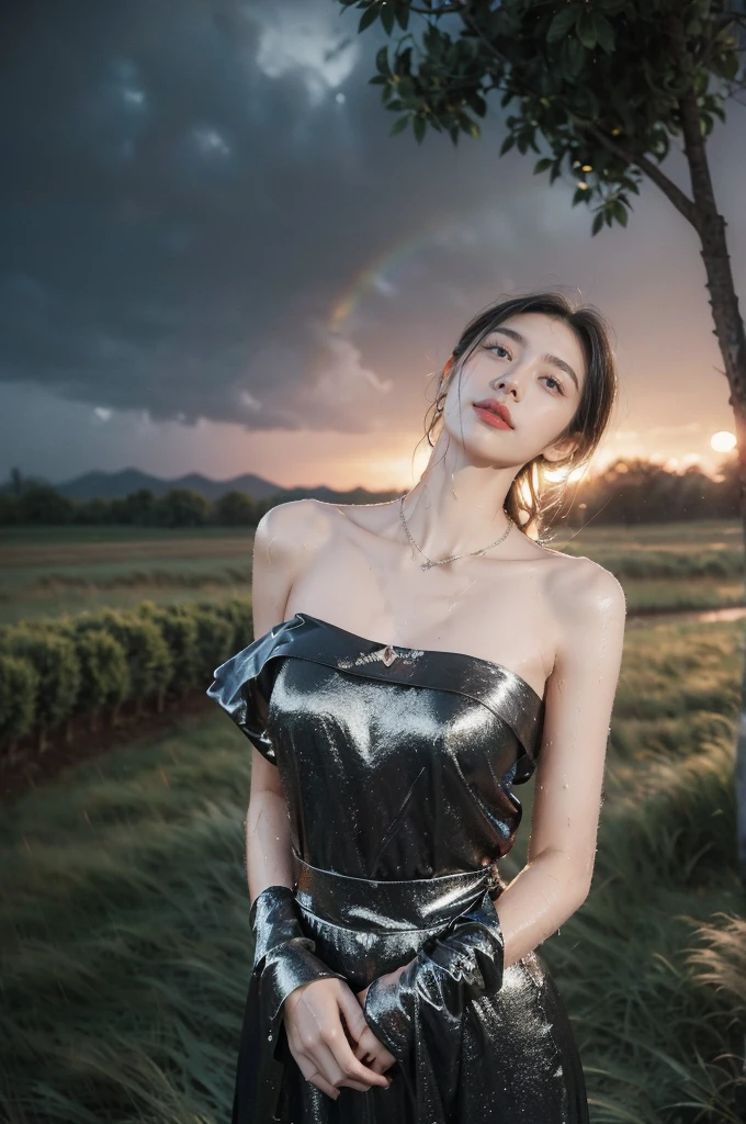 (((best quality))),(((ultra detailed))),(((masterpiece))),illustration,((1 beautiful girl,solo)),((slim,thin,flat chest)),(shoulder length straight bob hair:1.2),flowing hair,fair skin,(shiny skin:1.3),sparkling eyes,laughing,blue sundress,delicate necklace,grass,dewdropletts,trees,bird chirping,serenity,gratitude,awe,wonders of nature,peace,contentment,magnificent world,summer,(pitch-dark dawn:1.5),(night scene:1.3),upper body,from front,after rain,(wet:1.3),standing,on the path,dark clouds,confident gaze,elegant posture,mysterious atmosphere,solemn mood,dawn approaching,detailed decorations,(sunrise:1.3),rainbow,(Rural Landscape:1.2)