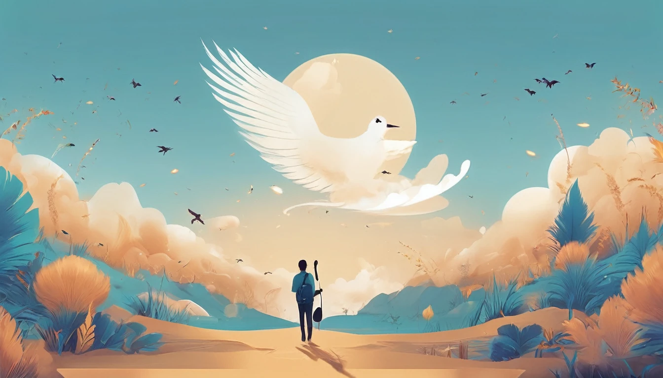 Create a professional, fantastic, cinematic dream-like Youtube Banner for a brand about music, stories, fantasy and dreams called " Penamemoria". Masterpiece, 4k, sharp focus, highest quality,wide shot. The title is " Penamemoria". Is a brand about the creative, unique journey of a boy into becoming a musician storyteller. In his journey he finds inspiration in a world of birds and feathers. Minimalistic, simple, poetic, dreamy logotype at the center of the image. The Background image is a world full of fantastic feathers, unique birds, light blue sky, soft white and light golden. Logo design of a face of a boy and a face of a feather