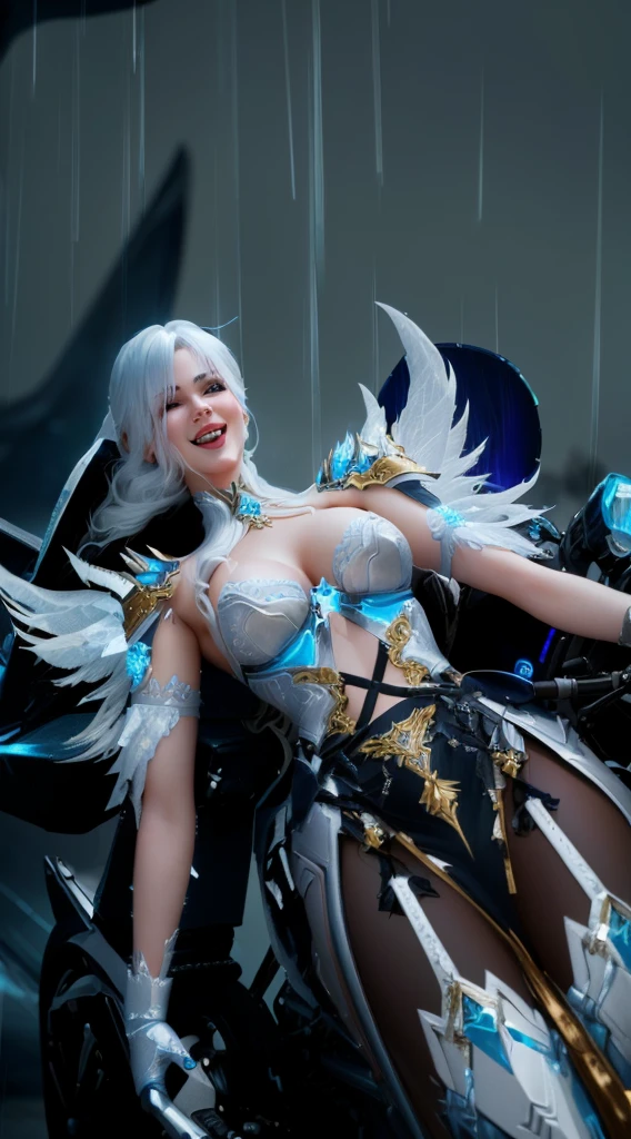 a woman riding a motorcycle in the rain while wearing a costume, surreal engine rendering, goddess, ice witch, 3d rendered character art, 8k, ice and storm queen, 4k detailed fantasy, elaborate cosplay, shiny white armor, as a mysterious valkyrie, 8k character details, from lineage 2, frozen blue skin, laughing