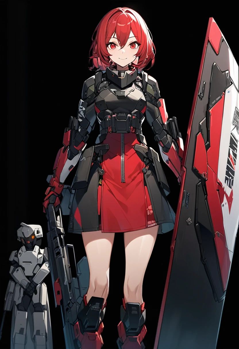 Anime-style woman in black and red outfit holding large shield, Cyberpunk Anime Girl Mecha, Wearing technical clothing, Amazing anime 8k, From Girls Frontline, Mechanized Soldier Girl, Special Assault Team, special forces, M4 Sopmod II Girls Frontline, Official character art, Kashert Kenz, Kshat Garland, ((short length red hair)), innocent, (((cute))), smiling, ((black background)), ((simple background)), ((holding super large shield)), ((Shield as tall as the owner's height)), ((small chest)), ((black long botoms)), , ((Kindness)), ((gentleness))