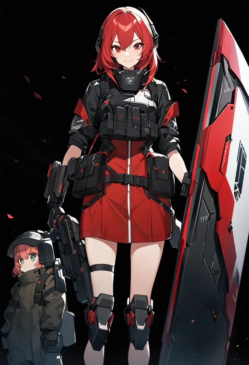 Anime-style woman in black and red outfit holding large shield, Cyberpunk Anime Girl Mecha, Wearing technical clothing, Amazing anime 8k, From Girls Frontline, Mechanized Soldier Girl, Special Assault Team, special forces, M4 Sopmod II Girls Frontline, Official character art, Kashert Kenz, Kshat Garland, ((short length red hair)), innocent, (((cute))), smiling, ((black background)), ((simple background)), ((holding super large shield)), ((Shield as tall as the owner's height)), ((small chest)), ((black long botoms)), , ((Kindness)), ((gentleness))