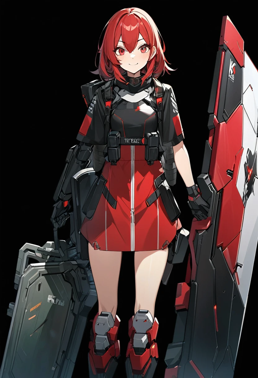 Anime-style woman in black and red outfit holding large shield, Cyberpunk Anime Girl Mecha, Wearing technical clothing, Amazing anime 8k, From Girls Frontline, Mechanized Soldier Girl, Special Assault Team, special forces, M4 Sopmod II Girls Frontline, Official character art, Kashert Kenz, Kshat Garland, ((short length red hair)), innocent, (((cute))), smiling, ((black background)), ((simple background)), ((holding super large shield)), ((Shield as tall as the owner's height)), ((small chest)), ((black long botoms)), , ((Kindness)), ((gentleness))