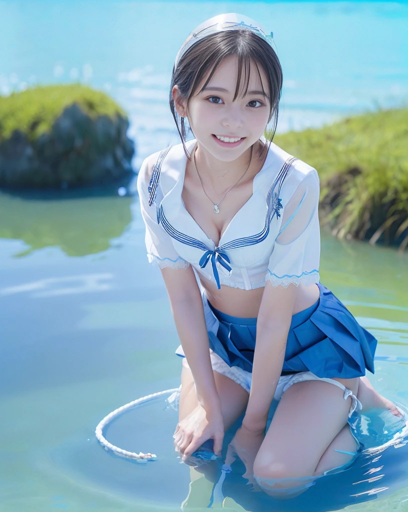(NFSW)、(High resolution:1.5)、Highest quality,Very detailed,masterpiece,Super detailed,alone,(One girl),((Summer School Uniforms:1.5)), Seraphim, ((skirt:1.5)), smile, Thigh fetish images: 1.5、(((barefoot)))、(Her thighs and white bikini reflected in the clear blue water)、(reflected in water:1.5)、((I can see the white string panties:1.5))、(Cleavage)、((Clear blue seawater))、Summer sun、はしゃいだsmile、Beautiful Eyes、(pull-out-panties)、(Panties on knees)、Big necklace and tiara、The water is marine blue、