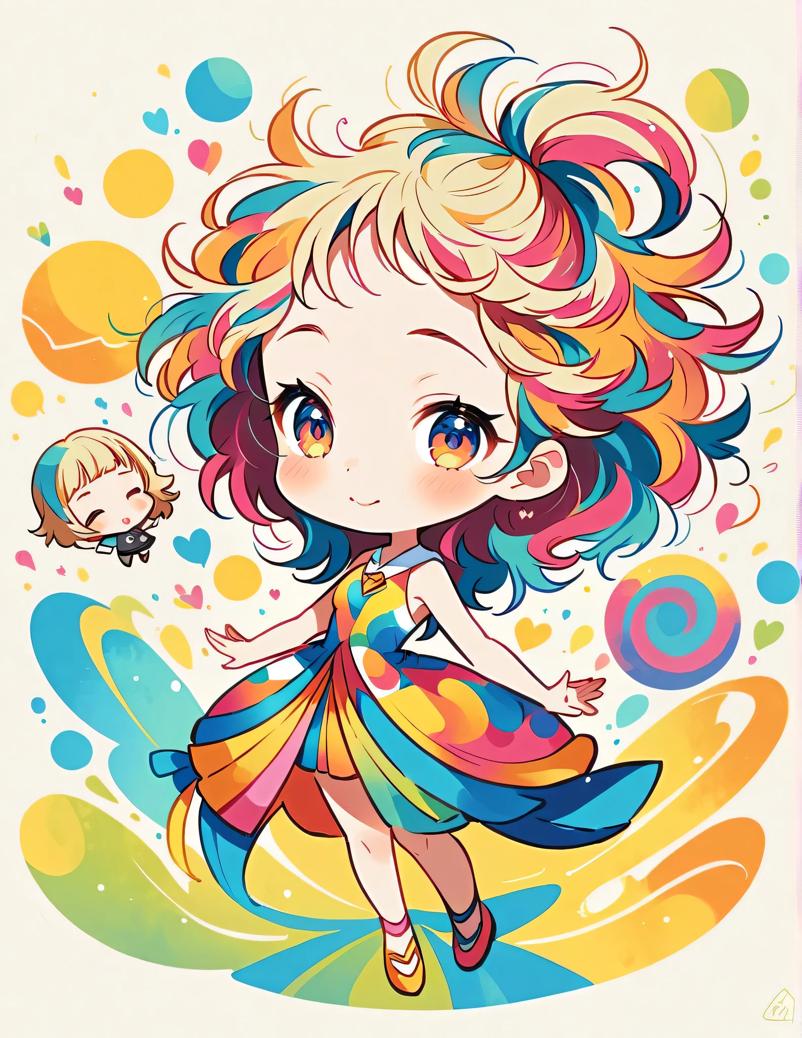 Mika Pikazo style, Simple Line Initialism，Abstract art，Urban Background, colorful hearts ,(((The most beautiful girl of all time))), (((chibi))), happy dance